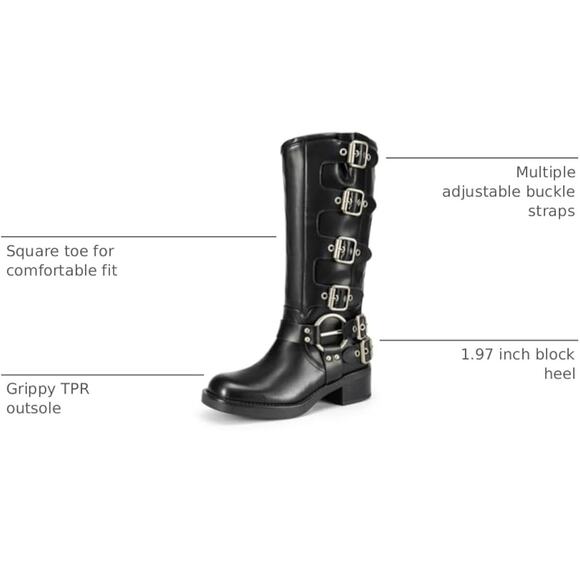 NWT Black DREAM PAIRS Knee High Side Zipper Motorcycle Boots Silver Buckle SZ 7 - Picture 6 of 12